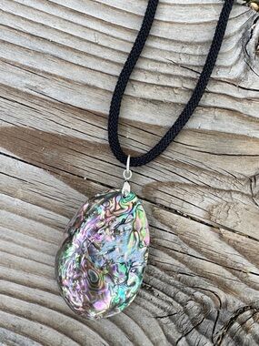 Large Abalone Shell Pendant Necklace Iridescent Paua Statement 18” Black Cord